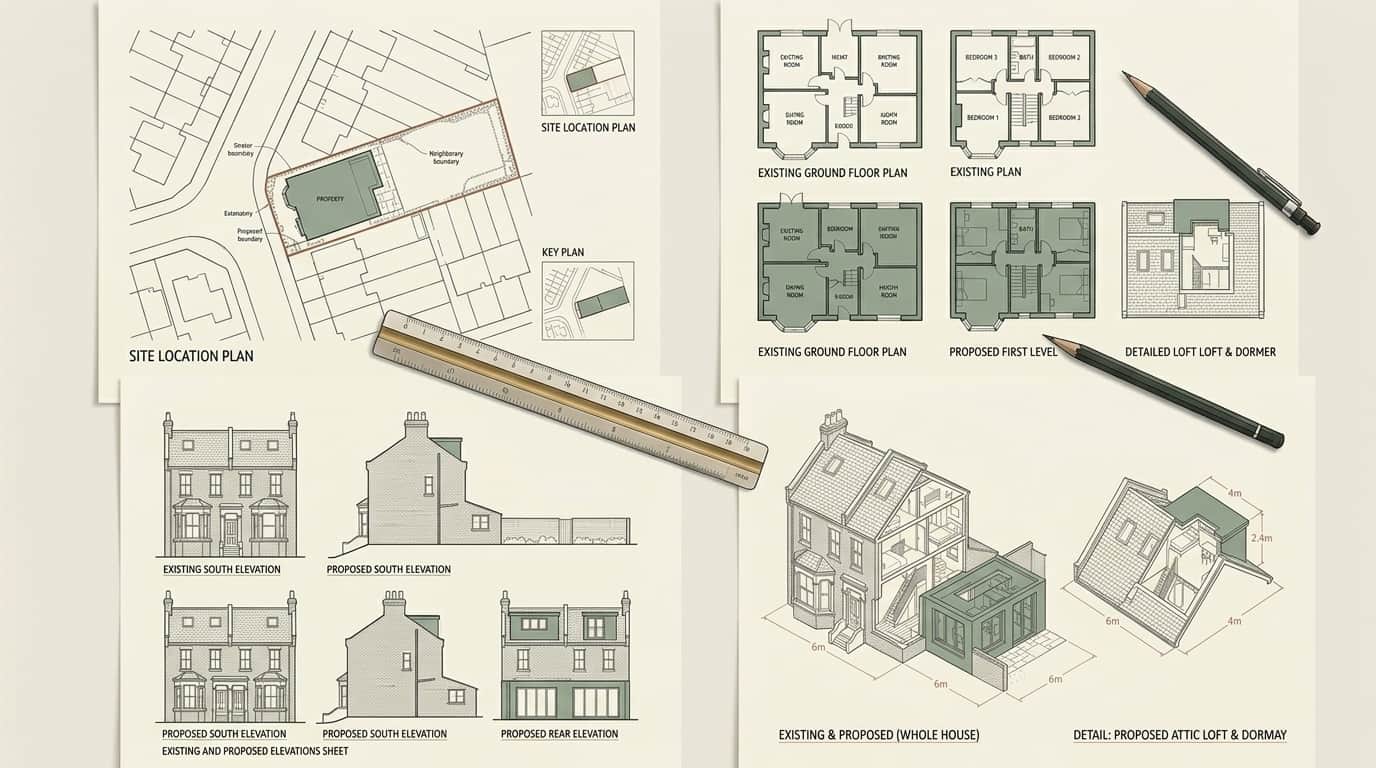 Measured building survey London drawing package — existing floor plans, elevations and sections of a London property