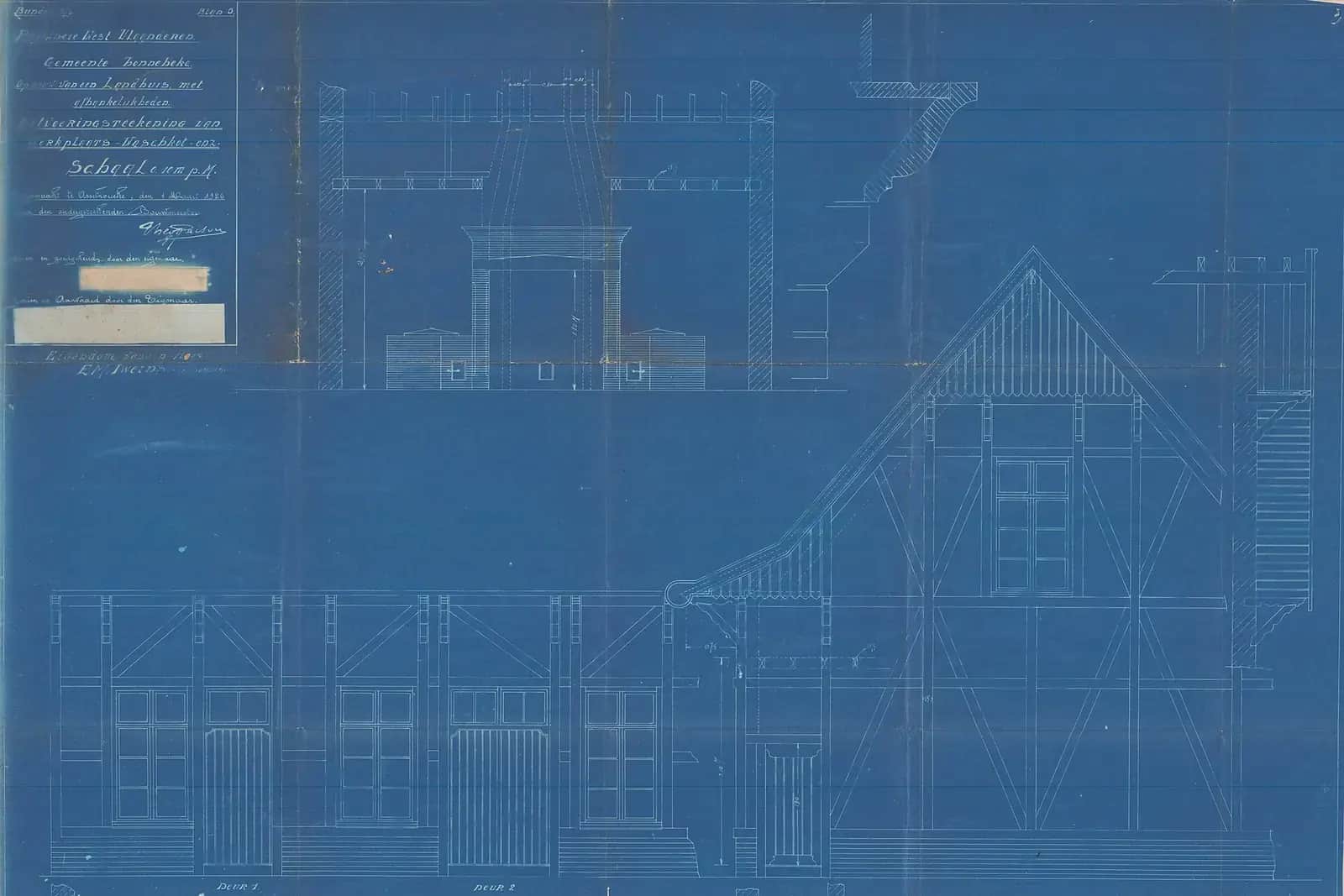 Old blue-print elevation of a half-timbered house front, with room names and a title block in the corner