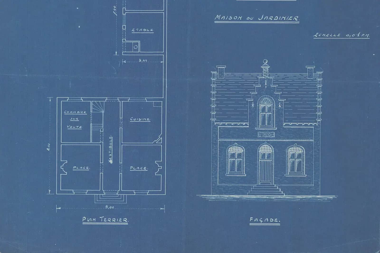 Old blue-print drawing of a small house showing a ground floor plan with room labels and a front elevation with dimensions