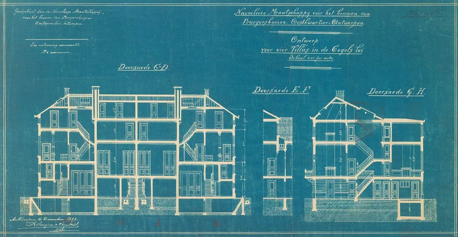 Old blue-print cross-sections through four villas, with stairs, floors and roofs drawn in white line and the title written in Dutch
