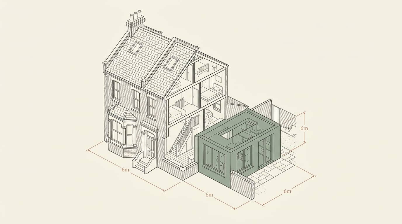 Isometric construction diagram of a London rear extension used in building regulation drawings