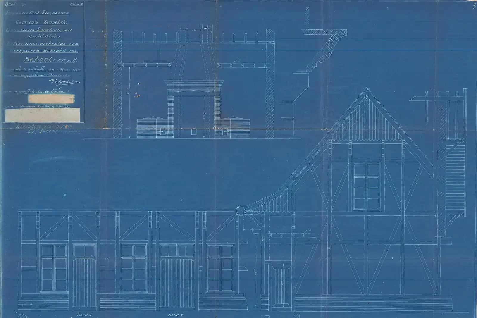 Old blue-print elevation of a half-timbered house front, with room names and a title block in the corner