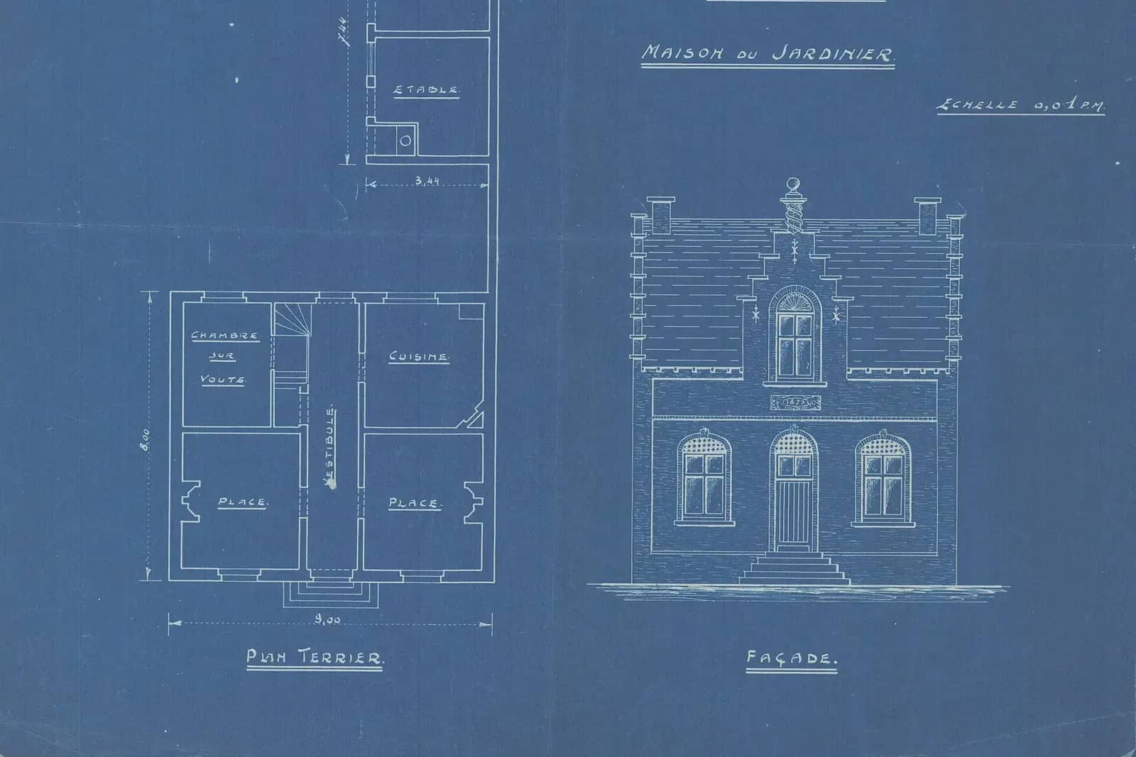 Old blue-print drawing of a small house showing a ground floor plan with room labels and a front elevation with dimensions