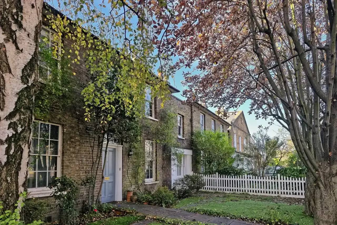 Terrace of London stock brick cottages with sash windows, climbing plants and a white picket fence, seen under autumn trees
