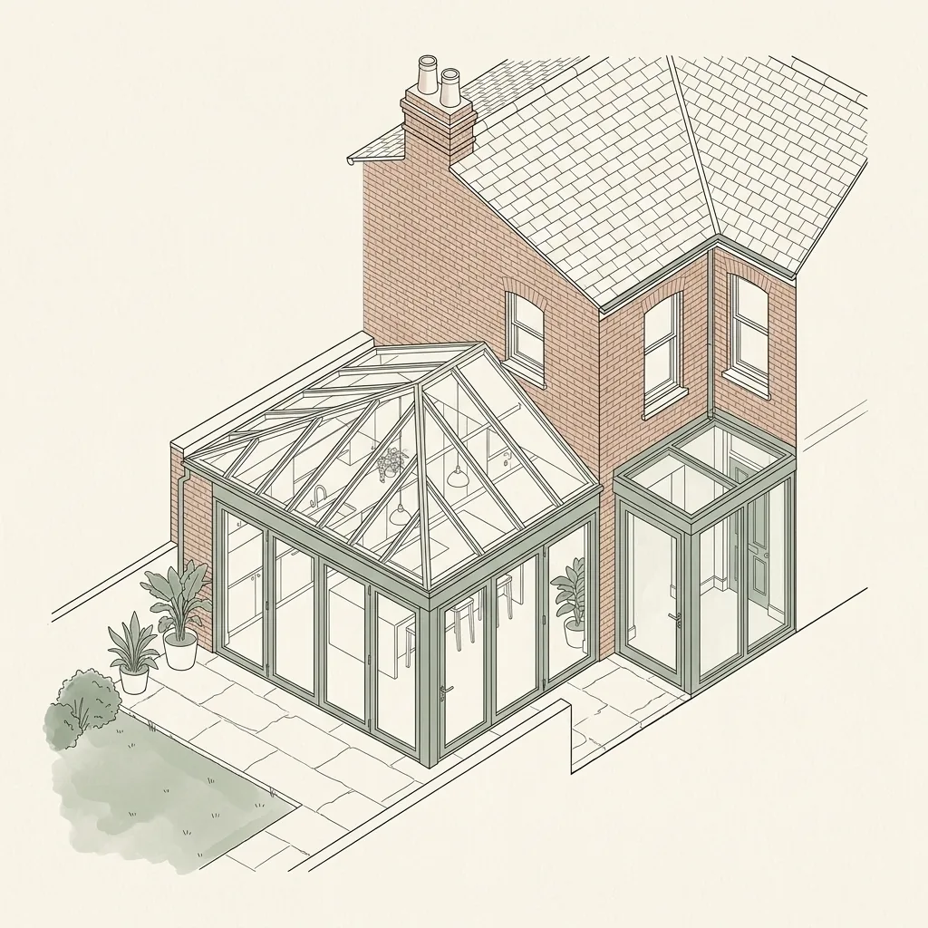 Isometric illustration of a rear kitchen extension with glazed roof