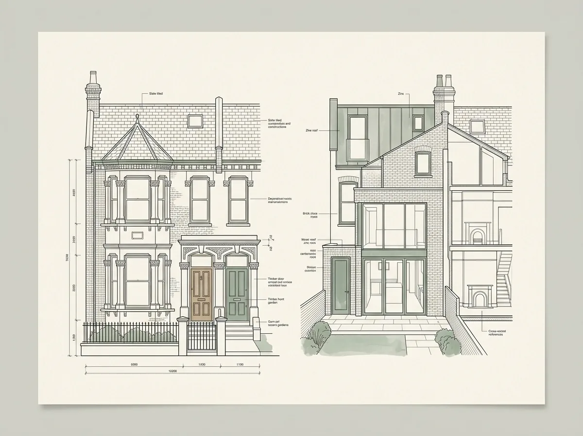 Architectural elevation drawings of a London Victorian terrace with rear extension